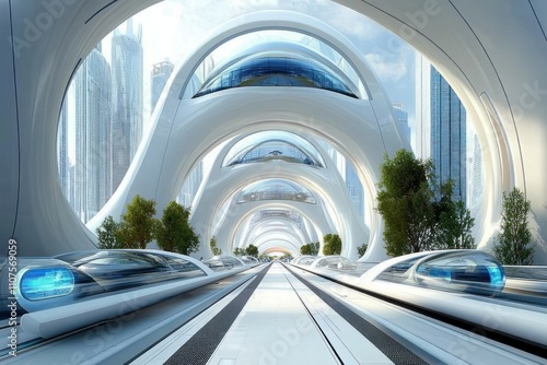 Futuristic transportation hubs designed to accommodate high-tech, eco-friendly transit systems photo