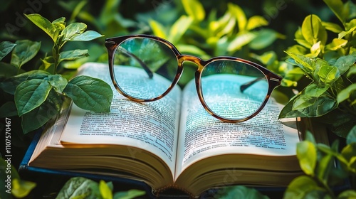 Glasses Resting on Open Book Amid Lush Greenery