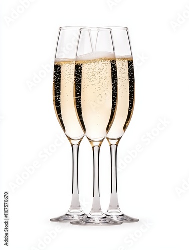 Three elegant champagne flutes filled with sparkling bubbly, perfect for celebrations and festive occasions. photo