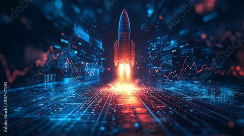 Rocket Launching Amid Dynamic Data Visualization Representing Innovation and Strategy