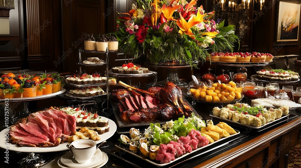 A festive dining table set with gourmet foods, including a centerpiece of roasted meats, fresh salads, and exquisite desserts for a special occasion A festive dining table set with gourmet foods, including a centerpiece of roasted meats, fresh salads, and exquisite desserts for a special occasion