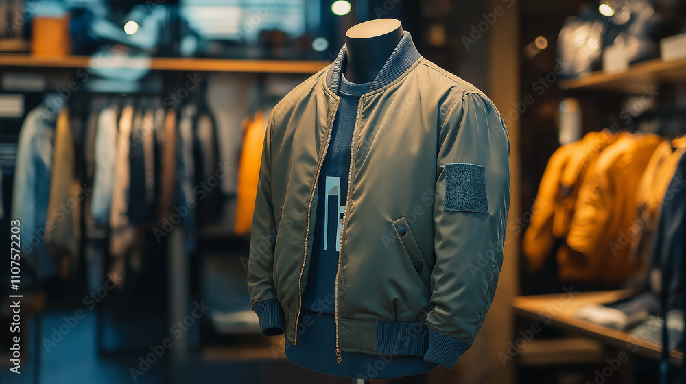 Obraz premium Plain bomber jacket on a mannequin in a trendy urban streetwear store