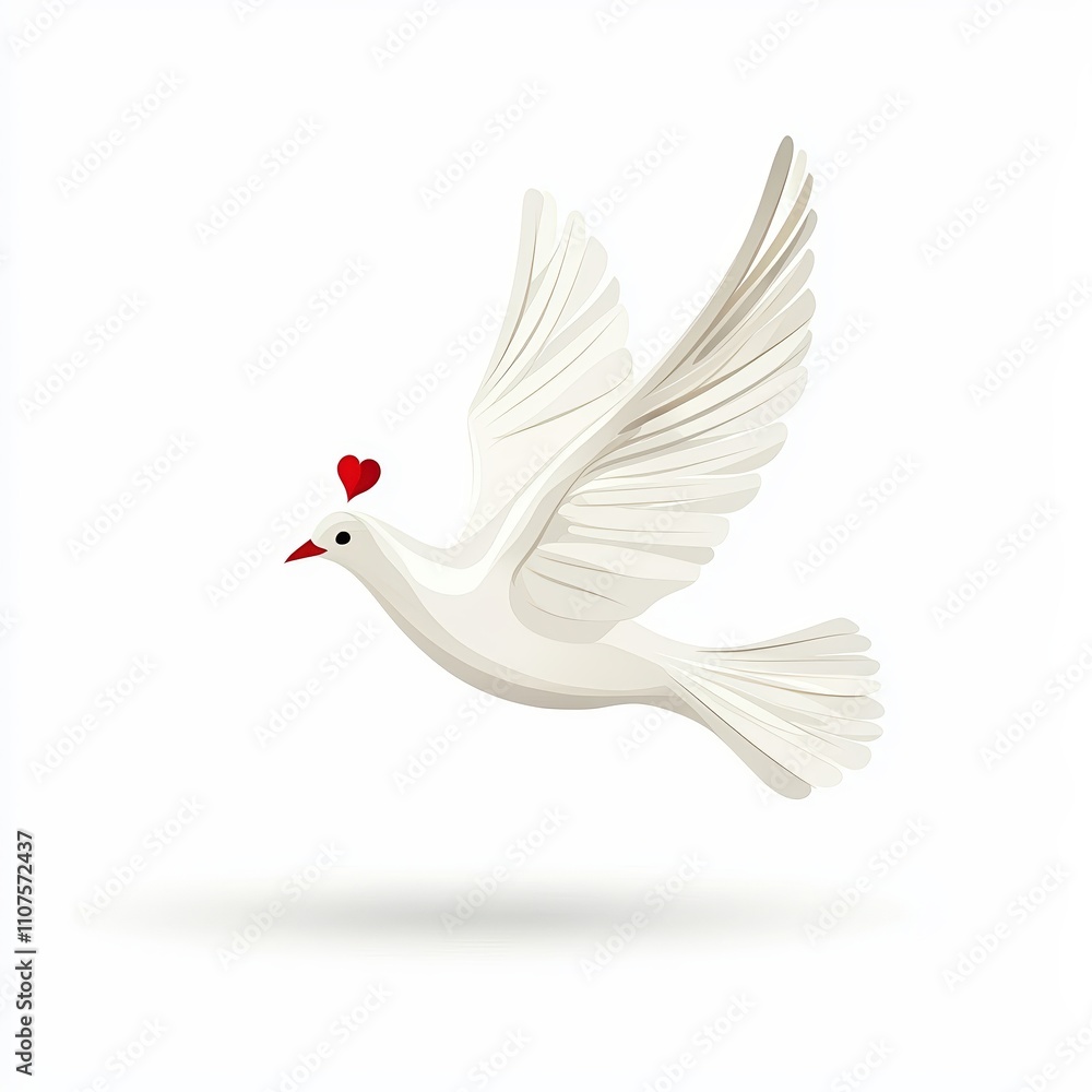 Obraz premium A graceful white bird in flight, adorned with a red heart, symbolizing peace and love in a minimalist design.