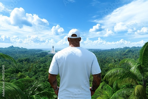 A detailed hyper-realistic shot of a bystander watching a space shuttle launch from a viewing platform