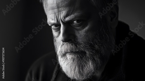 A ablack and white portrait of a bearded man with a