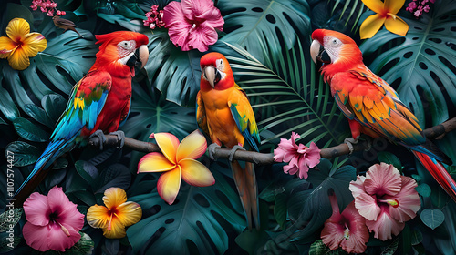 A vibrant tropical flock wallpaper featuring vivid bird and floral motifs, lush greenery, and intricate patterns, creating an exotic and lively decor.  
 photo