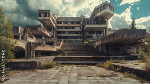 Abandoned brutalist buildings, with decaying concrete structures that once defined urban spaces photo