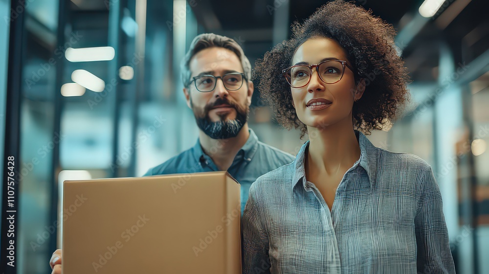 Obraz premium Focused professionals carrying box in modern office setting, representing dedication, efficiency, and teamwork in professional environments.