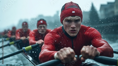  Focused rower leading synchronized team in intense competition under rainy conditions, showcasing teamwork, endurance, and determination.