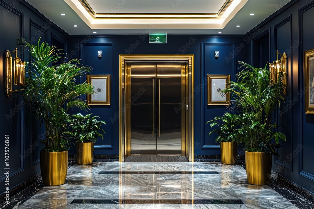 Fototapeta premium A luxurious hotel lobby with dark blue walls, gold accents, and double doors leading to elevators.