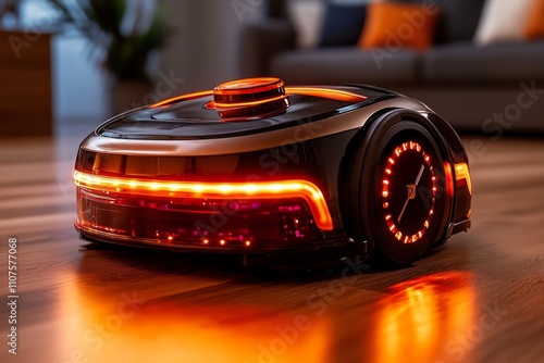 A futuristic cleaning robot with sleek metallic features, autonomously sanitizing a modern living space illuminated by glowing LEDs photo