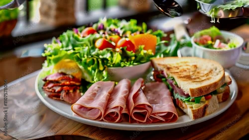 A plate featuring a variety of meats, a fresh salad, and a sandwich, showcasing a meal. A plate featuring a variety of meats, a fresh salad, and a sandwich, showcasing a meal.