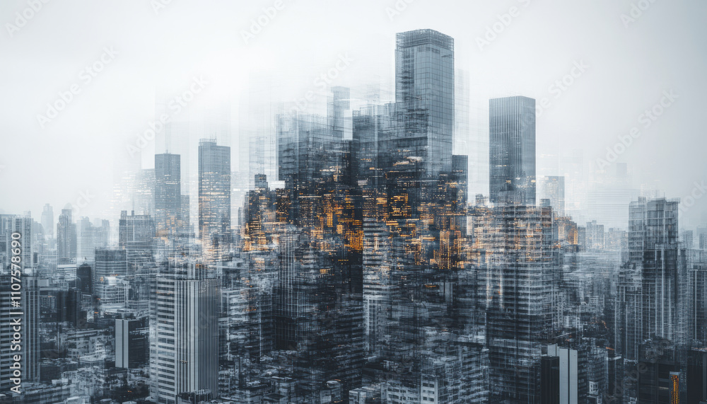 Obraz premium cityscape with towering office buildings creates dynamic urban atmosphere, showcasing blend of modern architecture and vibrant city life