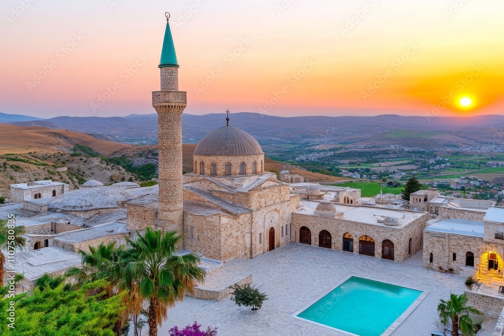 Fototapeta premium A majestic Byzantine cityscape at sunset, with domes and towers glowing in golden light