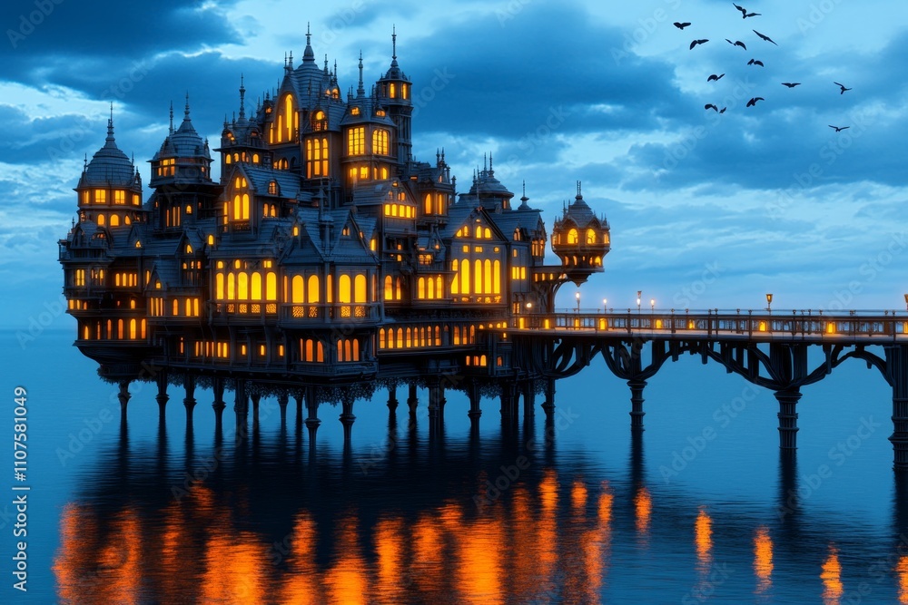 Obraz premium A magical city with floating towers, glowing bridges, and mythical creatures flying through a twilight sky