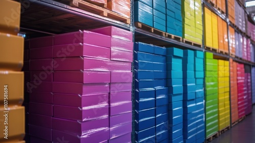 Colorful boxes neatly stacked in an organized warehouse, ready for distribution and transport photo