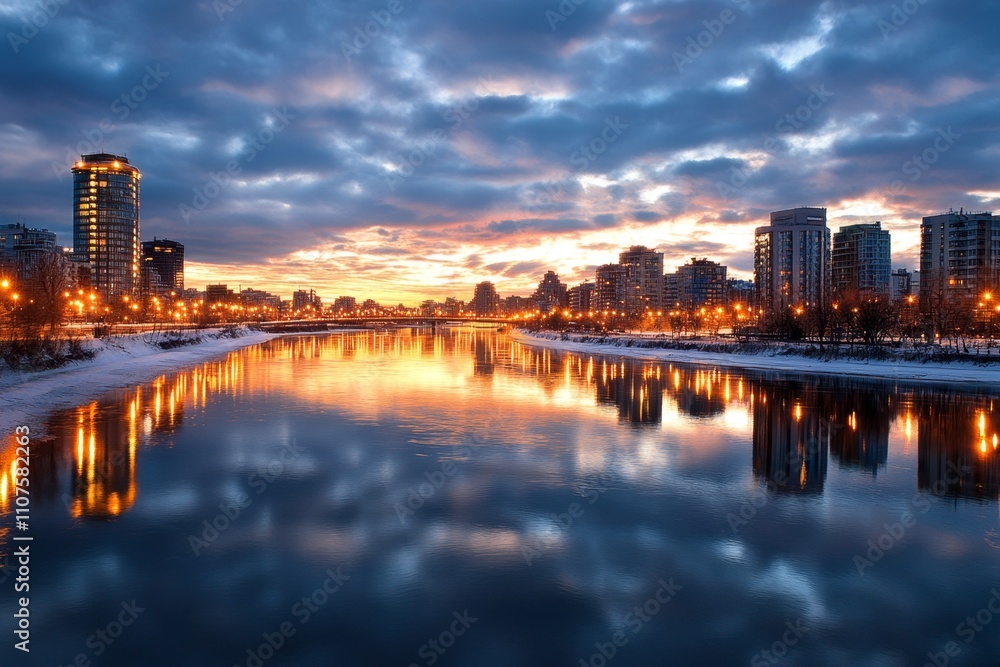 Fototapeta premium A modern city skyline illuminated by thousands of twinkling lights, with a river reflecting the glow