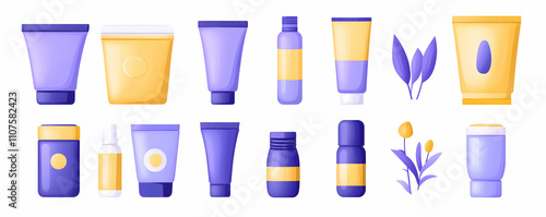 Cosmetics Product Packaging, Illustration of Tubes, Jars, and Bottles in Purple and Yellow photo