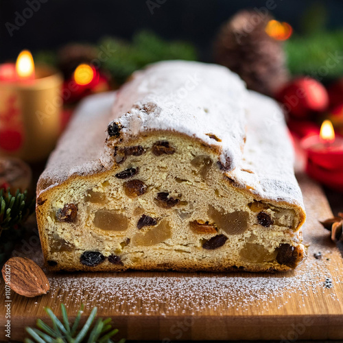 Traditional German Christmas Stollen with Dried Fruits and Nuts