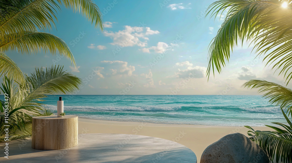 Fototapeta premium 3D-rendered summer beach scene with a podium for product display