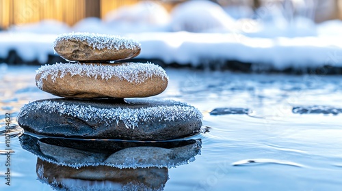 waterfall serene luxury Stacked stones on water with frost in a serene setting.