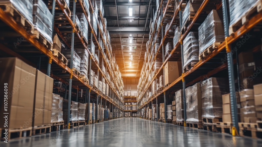 Fototapeta premium Spacious warehouse with high-tech systems managing inventory and supporting logistics in real-time