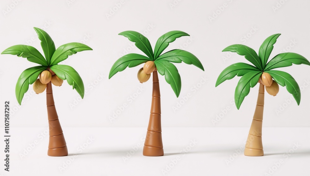 A vibrant set of palm tree-themed 3D icons and objects designed in minimalist cartoon style with clean lines against a white backdrop