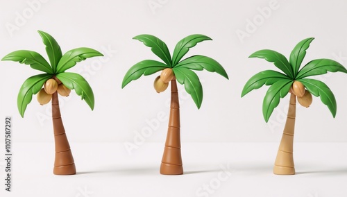 A vibrant set of palm tree-themed 3D icons and objects designed in minimalist cartoon style with clean lines against a white backdrop