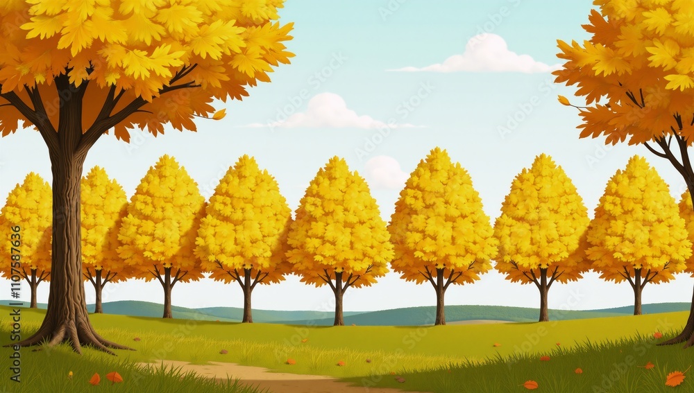 Autumn panorama showcasing a line of yellow trees as a vibrant cartoon backdrop