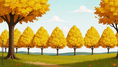 Autumn panorama showcasing a line of yellow trees as a vibrant cartoon backdrop
