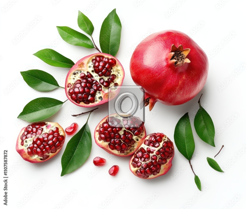 A vibrant pomegranate with split sections and green leaves, showcasing its juicy seeds. A vibrant pomegranate with split sections and green leaves, showcasing its juicy seeds.