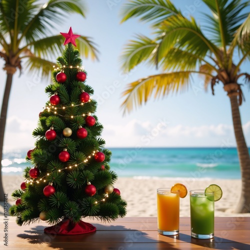 Celebrating the New Year amidst tropical warmth festive drinks atop a beachfront Christmas tree beneath swaying palms Tourist Promotion photo