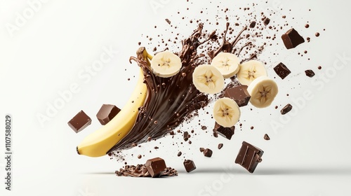 Creative composition of fresh banana slices and chocolate chunks with liquid chocolate splash on white background.