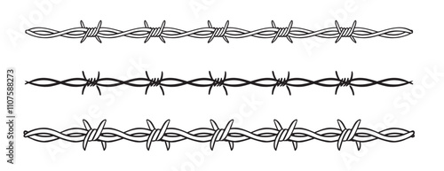 Barbed wire isolated template border. Wire barb fence set. Protection barbed wire silhouette outline clipart