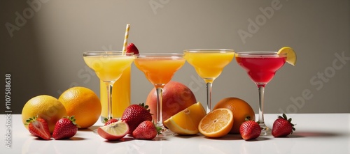 Vibrant fruit cocktails at a lively party with modern photorealistic presentation