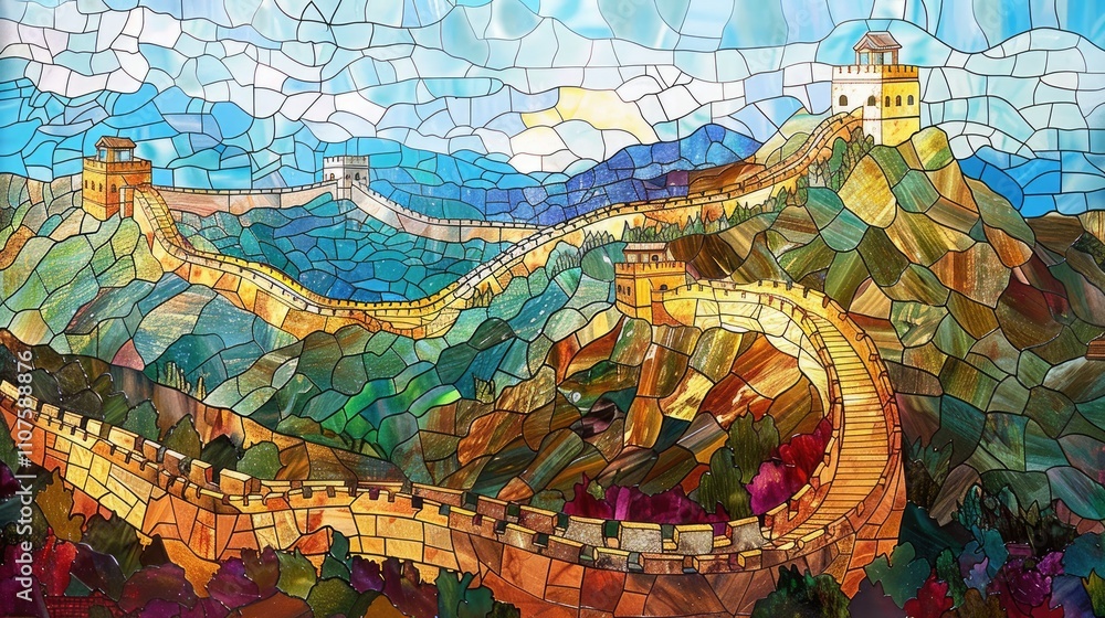 Obraz premium The Great Wall of China in stained glass style. Landscape.