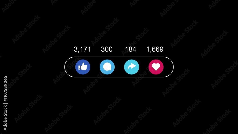 Animation of Social media icons of love, thumps up, comment, and share logos with numbers increasing on Black Background Animation of Social media icons of love, thumps up, comment, and share logos with numbers increasing on Black Background