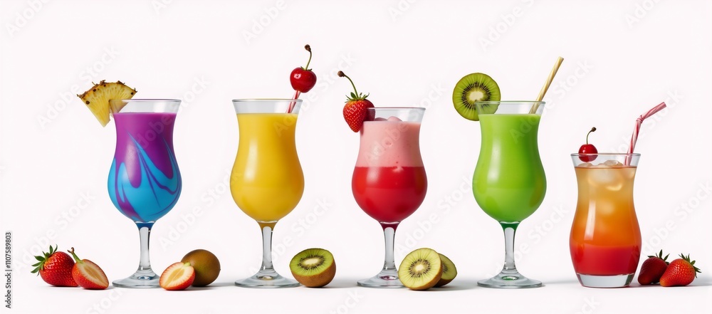 Colorful cartoon-style cocktails adorned with fruits on a crisp white backdrop