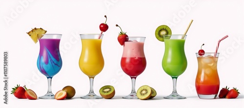Colorful cartoon-style cocktails adorned with fruits on a crisp white backdrop