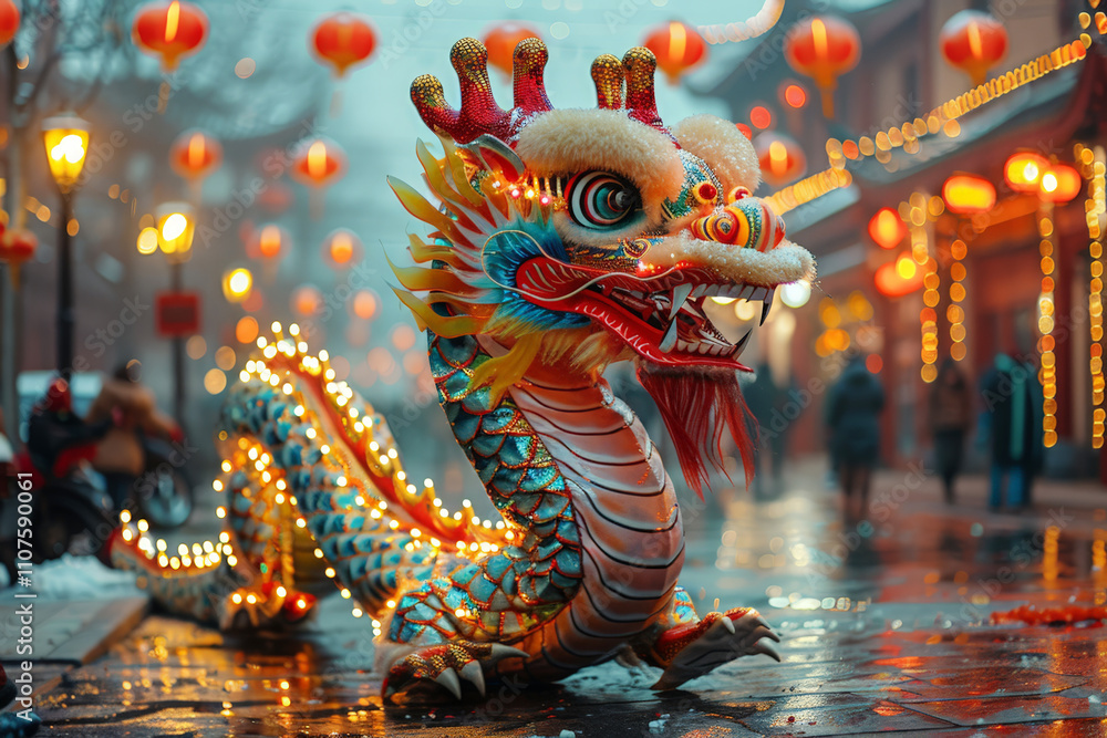 Fototapeta premium A colorful dragon puppet adorned with lights, showcased during a festive Chinese New Year street parade with glowing lanterns and blurred city background.