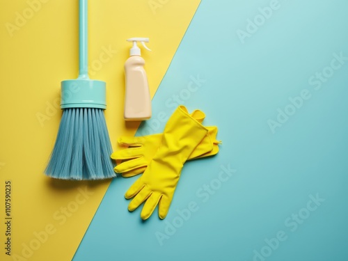 Cleaning products on yellow and blue background creating copy space photo