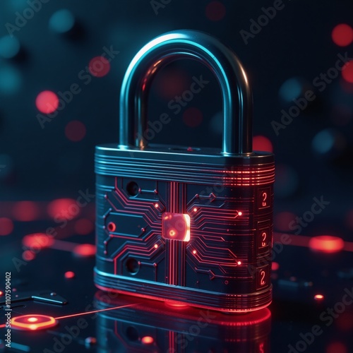 High-detail futuristic digital art featuring a cyber padlock with glowing neon circuits against a backdrop of cutting-edge technology and a cyberspace motif photo