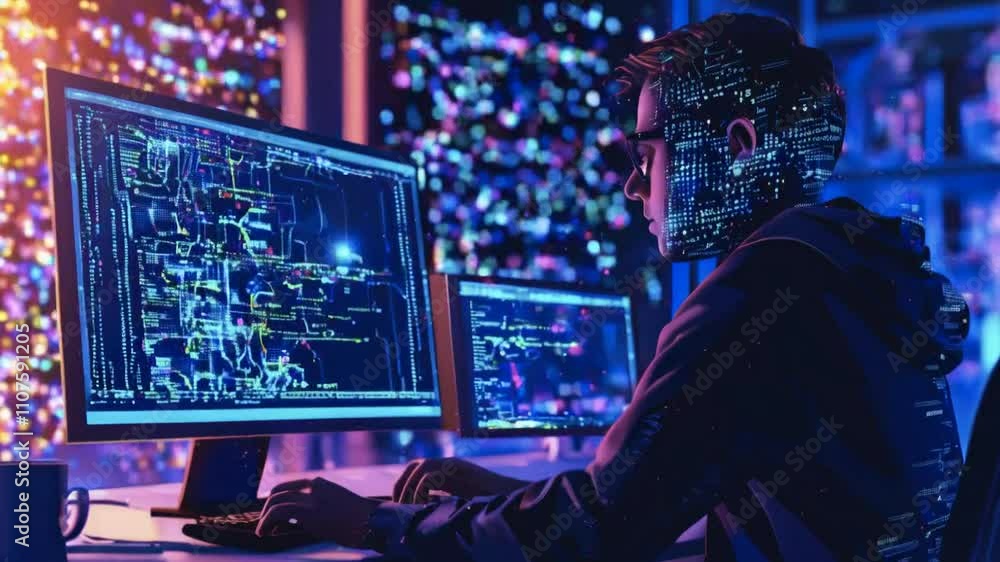A programmer working on code with digital effects in a futuristic environment. A programmer working on code with digital effects in a futuristic environment.