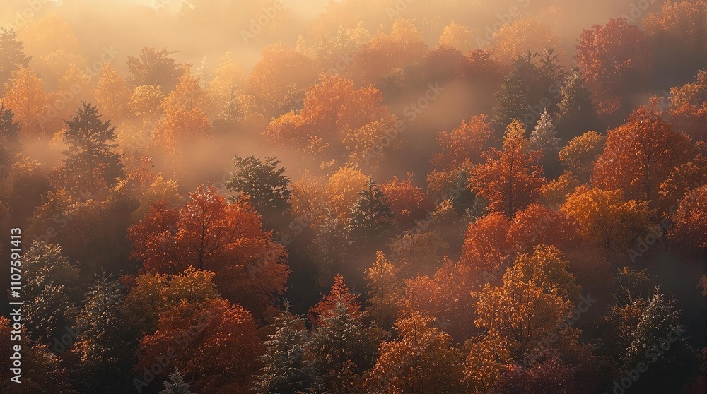Naklejka premium Dense foliage in soft focus with autumnal trees, muted colors, forest atmosphere, earthy tones