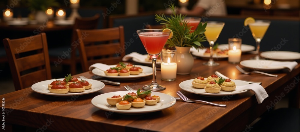 Warmly-lit table setting showcases appetizer platters and cocktails Warmly-lit table setting showcases appetizer platters and cocktails
