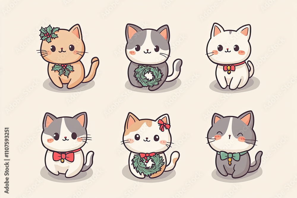 Fototapeta premium Cute Kawaii Cats in Christmas Style Stickers Collection