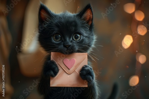 Cute black kitten holds a love letter with a heart in a cozy setting during evening hours. The warm, dimly lit background creates a cozy atmosphere perfect for a heartfelt moment photo