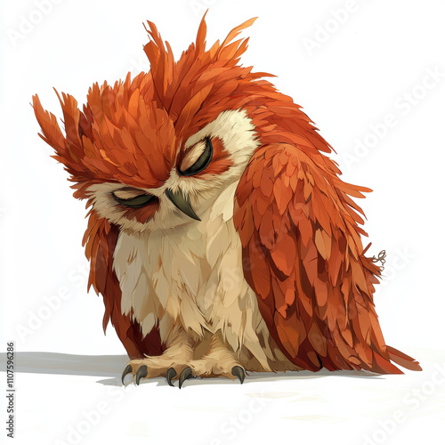 Colorful cartoon owl with striking orange feathers, large expressive eyes, and a contemplative pose, perfect for nature-themed illustrations and creative projects. photo