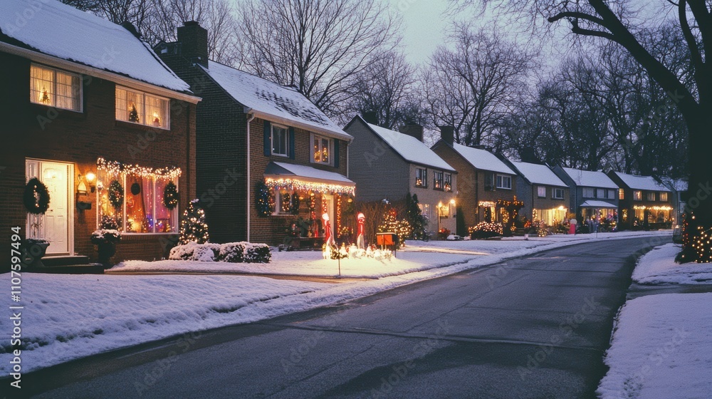 Fototapeta premium Charming snowy suburban street during Christmas season with festive houses decorated with glowing lights and wreaths, creating a cozy holiday atmosphere at dusk.