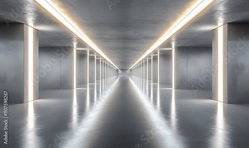 Fototapeta Naklejka Na Ścianę i Meble -  underground tunnel with reflective concrete walls and floor, adorned with white stripe lighting